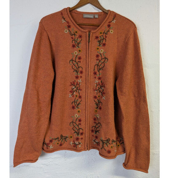 croft & barrow Sweaters - Embroidered Floral Cardigan Sweater Orange Zip Autumn Granny Cottage Womens XL